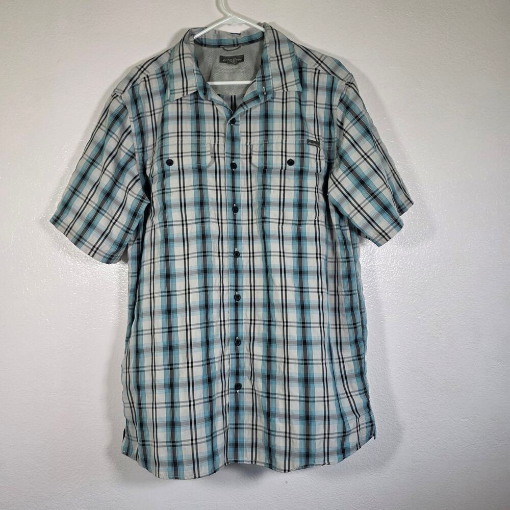 Eddie Bauer Plaid Button Up Shirt Blue Short Sleeve Men's LT Tall Large